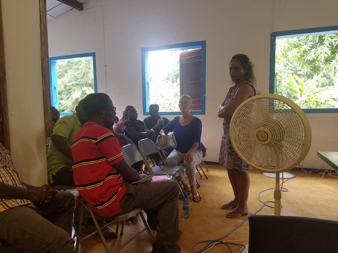 Marie-Rose stands talking with people sitting in rows of folding chairs. A standing fan is next to her.
